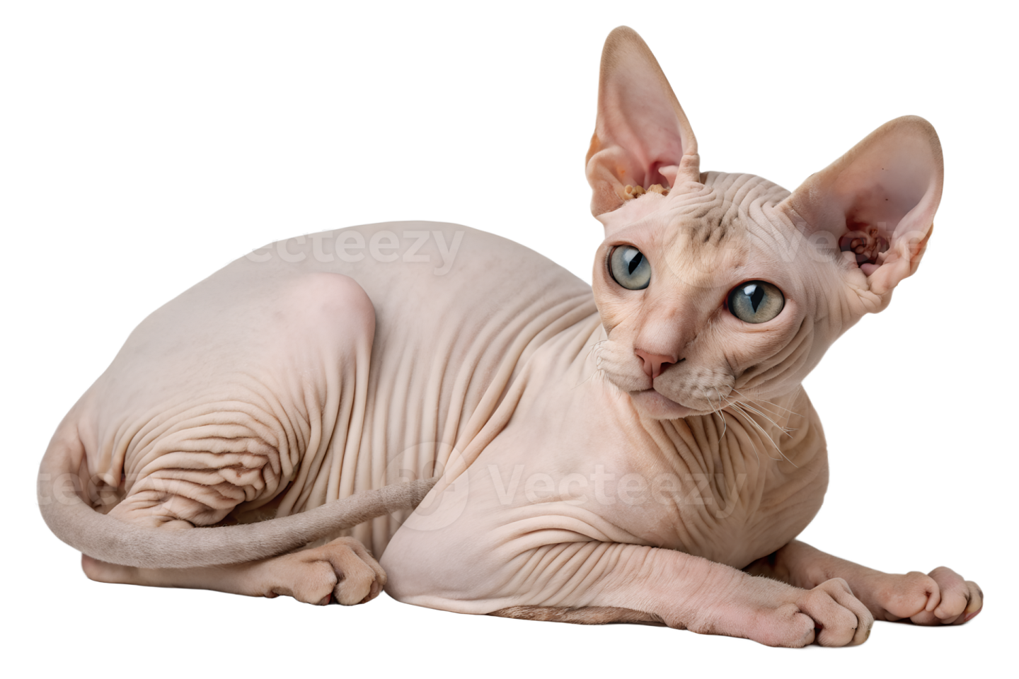 a hairless cat with blue eyes laying down