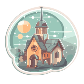 an illustration of a church in the snow