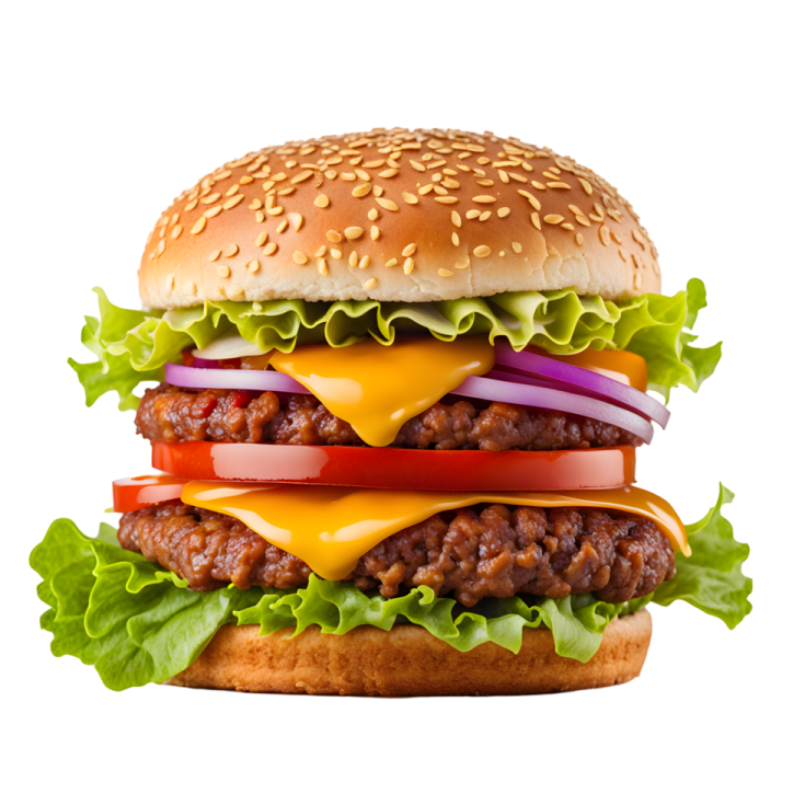 a hamburger with cheese, tomato, onion and lete