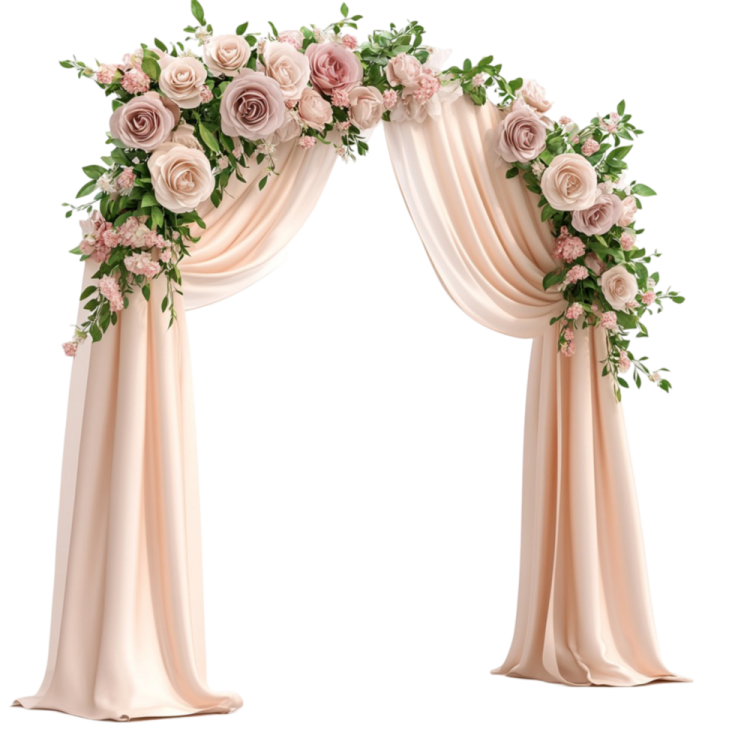 a wedding arch with pink roses and greene