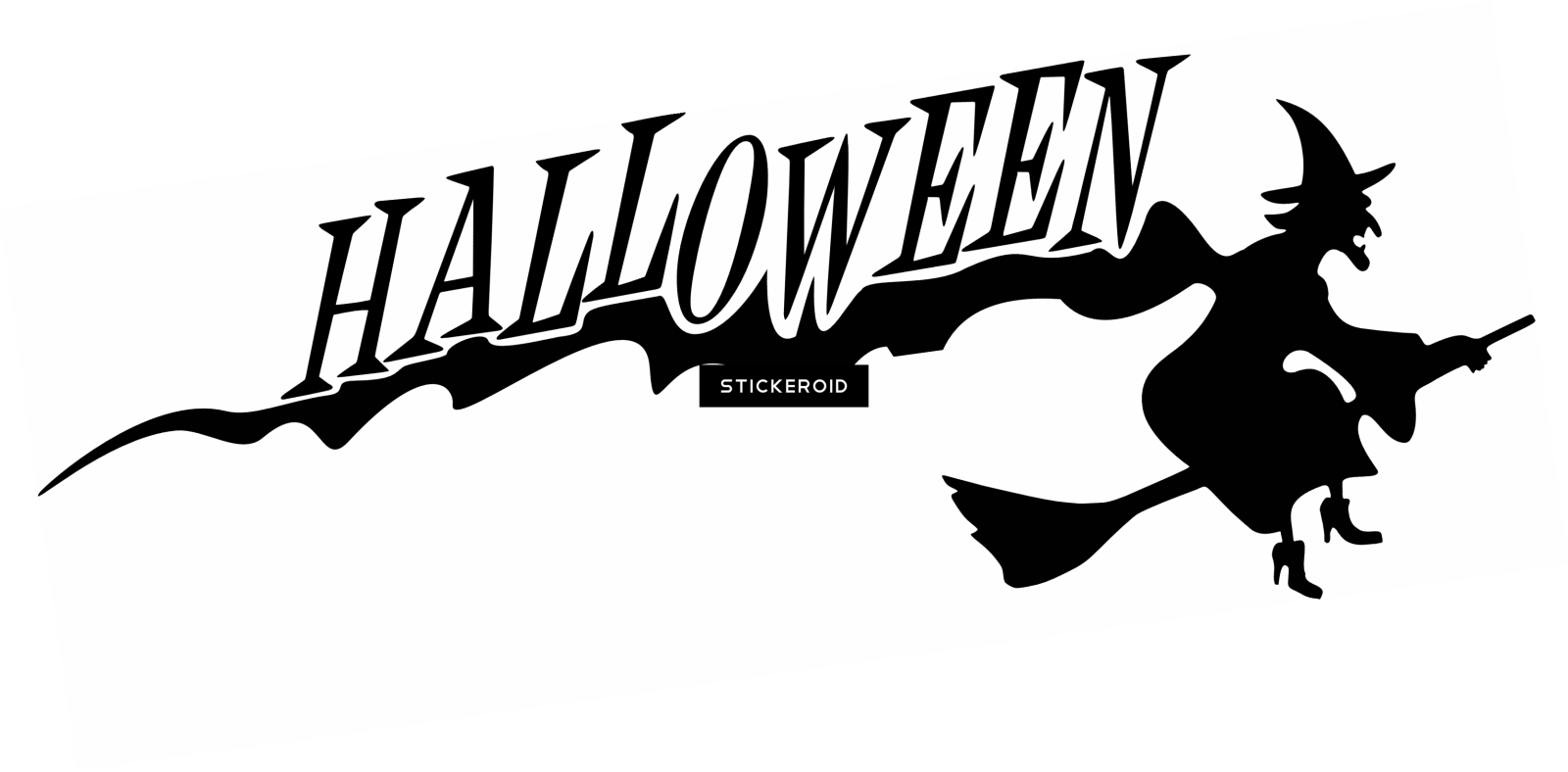 a black and white silhouette of a witch flying over the word halloween