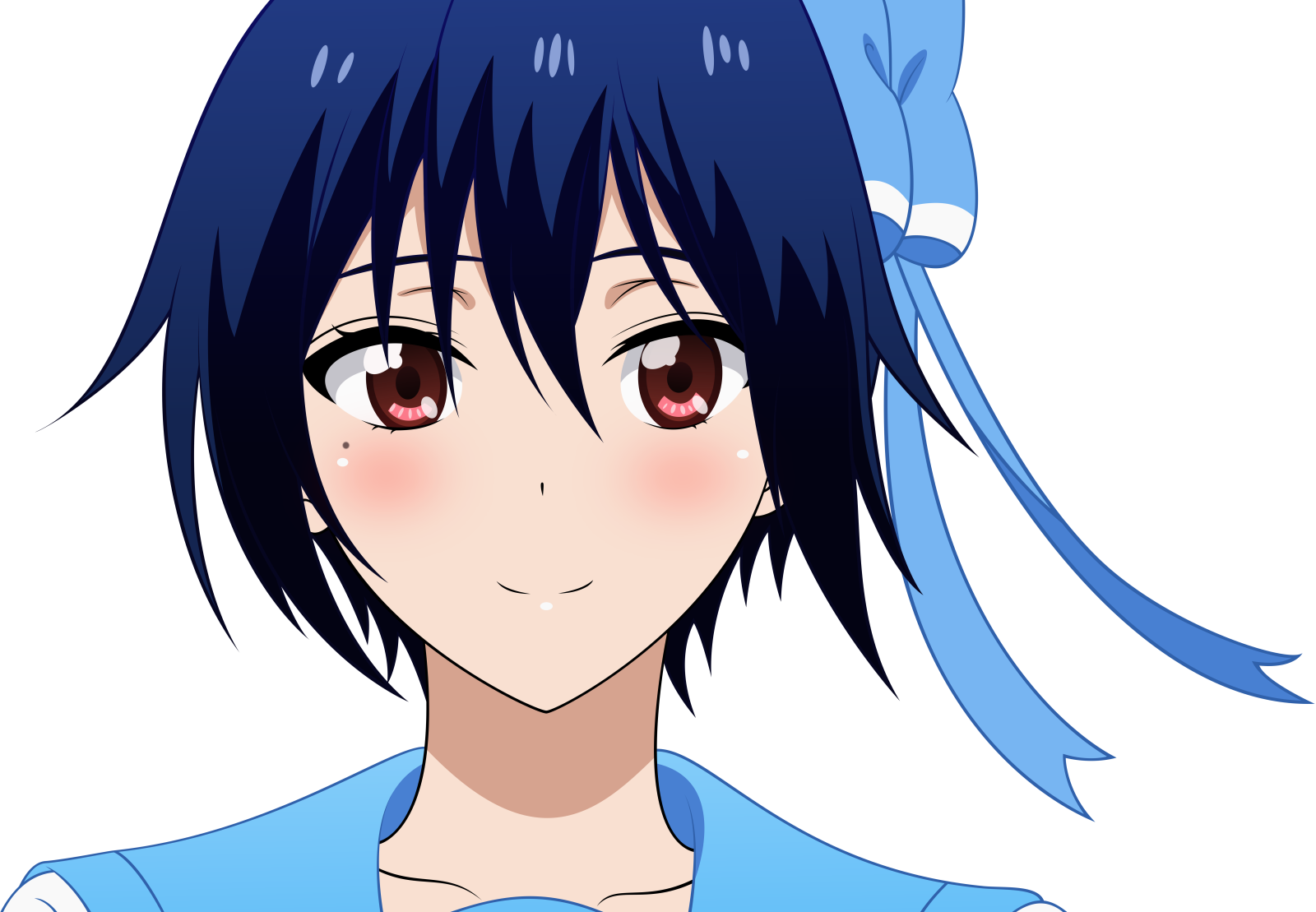 an anime girl with blue hair and red eyes