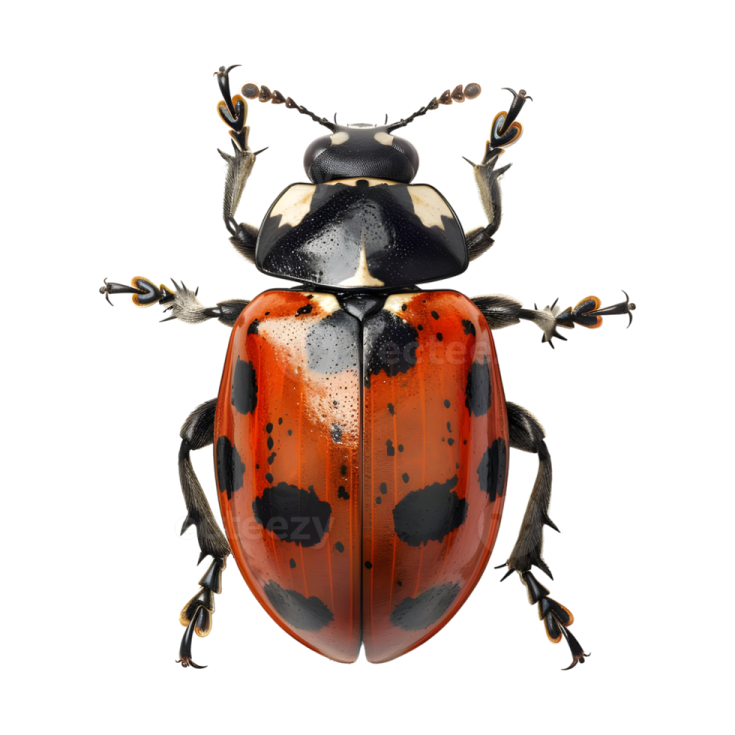 a black and orange beetle on a white background