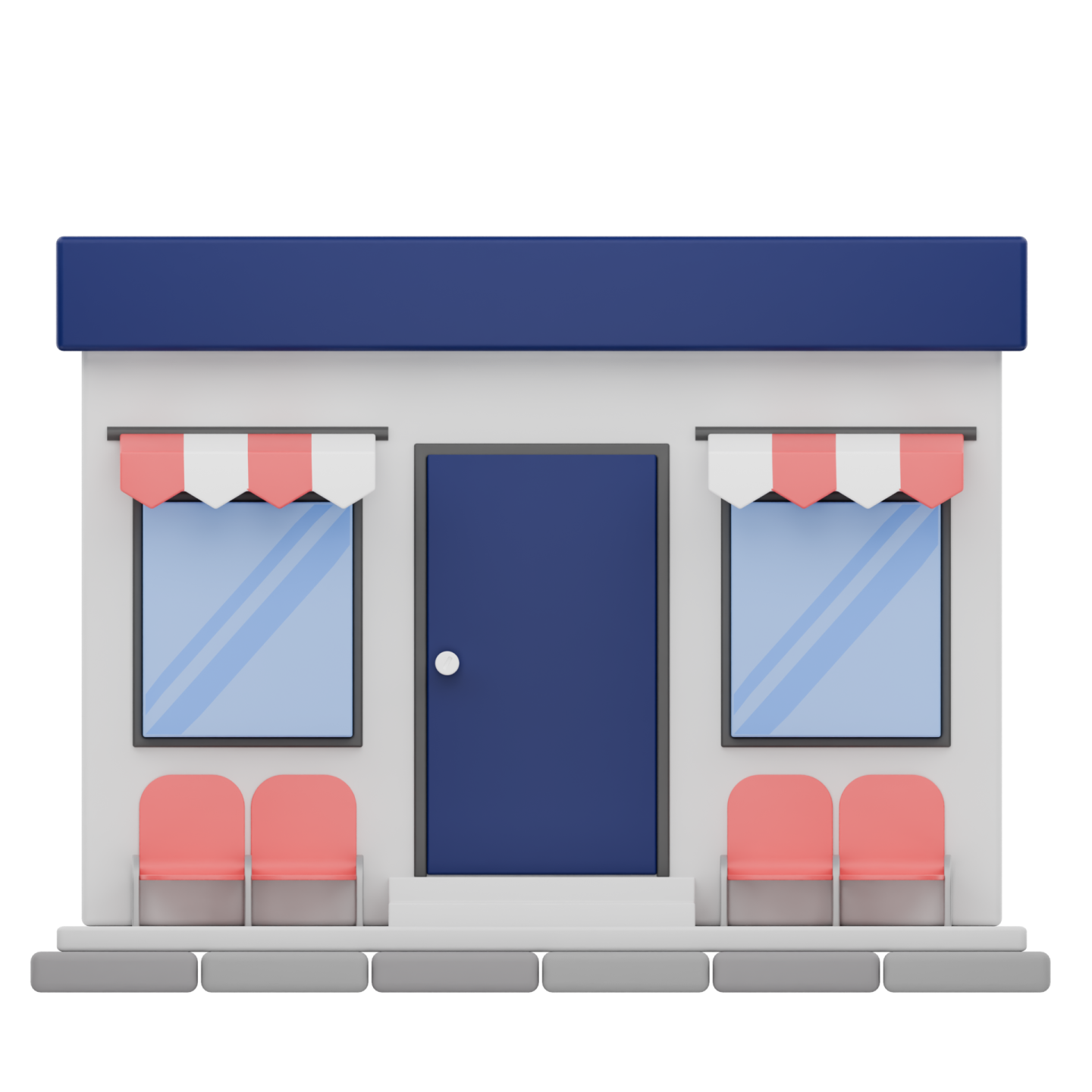 a building with two red chairs and a blue door