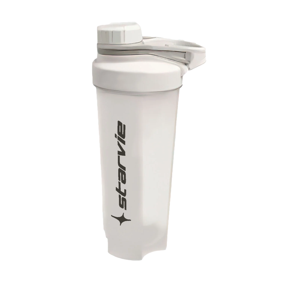 a white shaker bottle with a black logo on it