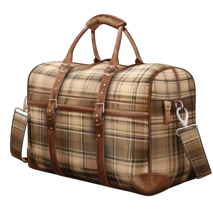 a brown and tan plaid duff with leather handles