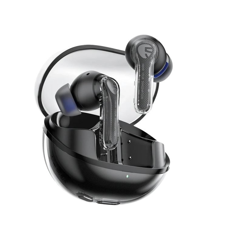 a pair of wireless earphones on a white background