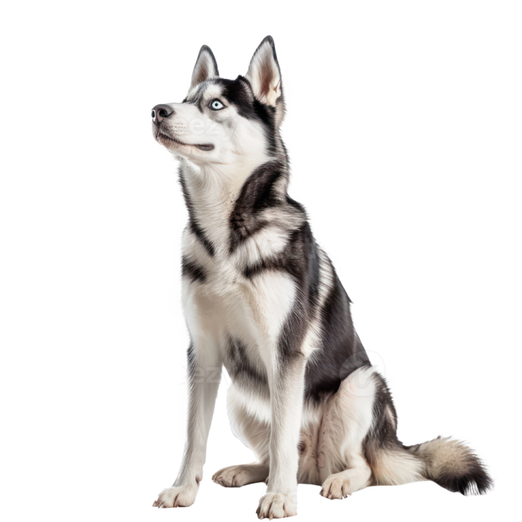 a black and white husky dog sitting down
