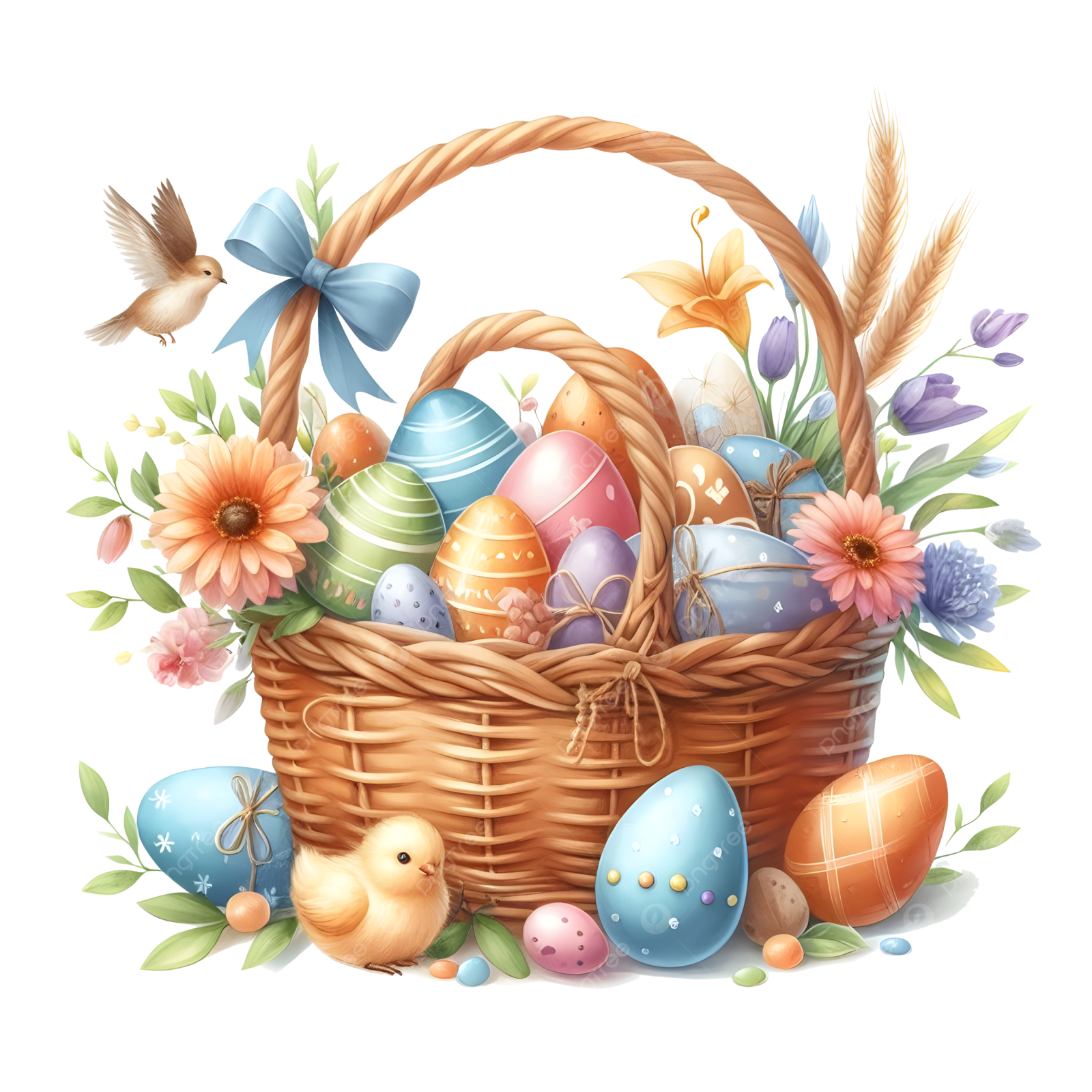 a basket filled with easter eggs and flowers