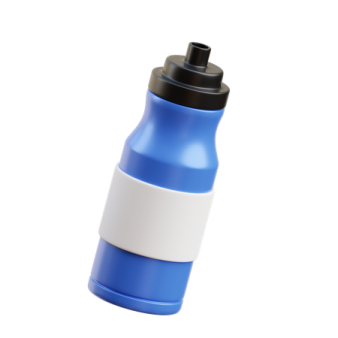 a blue and white water bottle on a white background