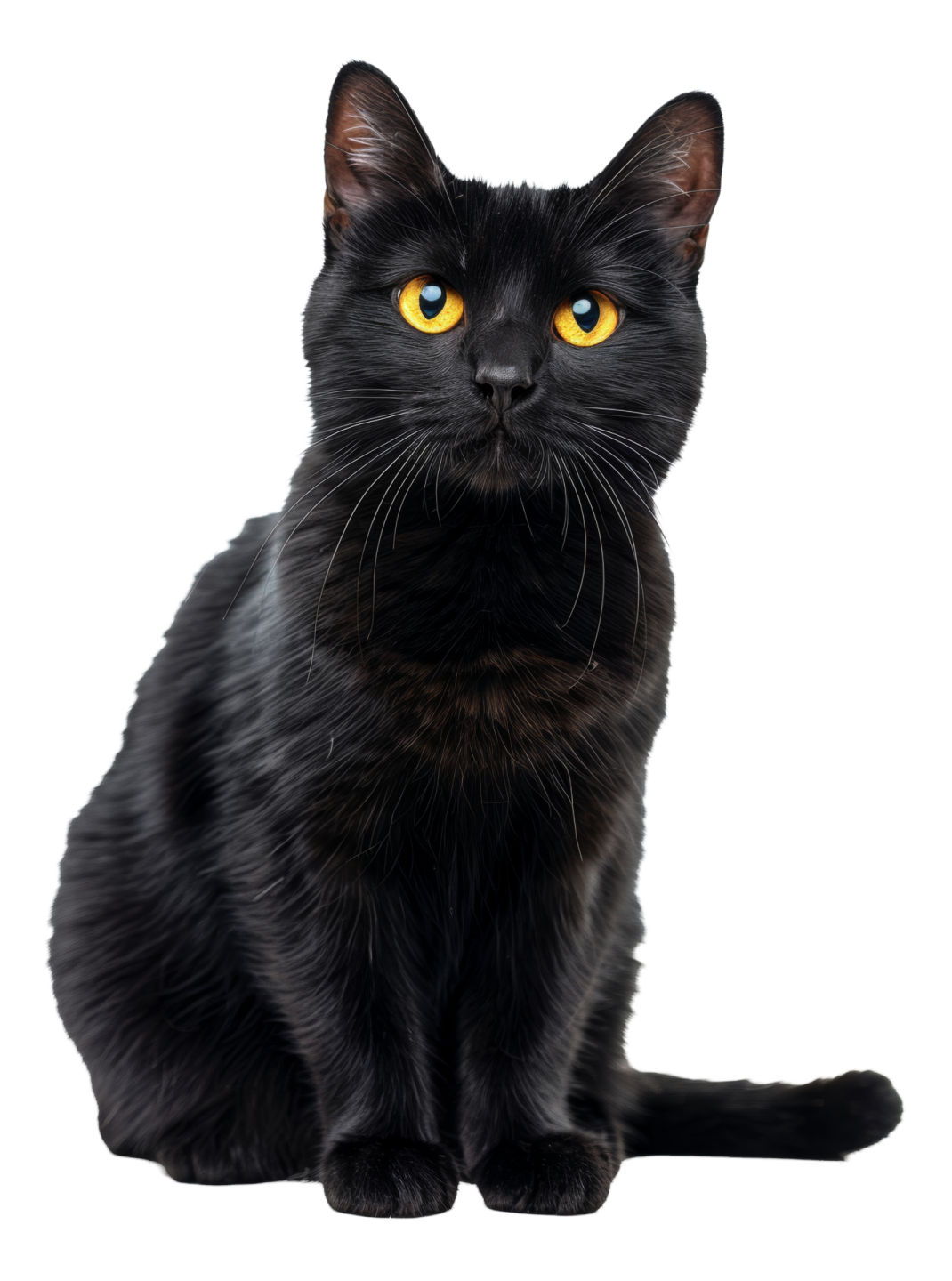 a black cat with yellow eyes sitting down