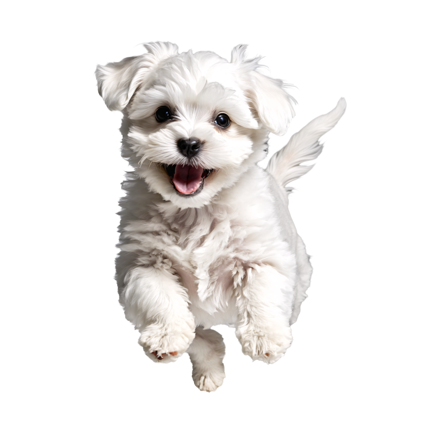 a small white dog running through the air