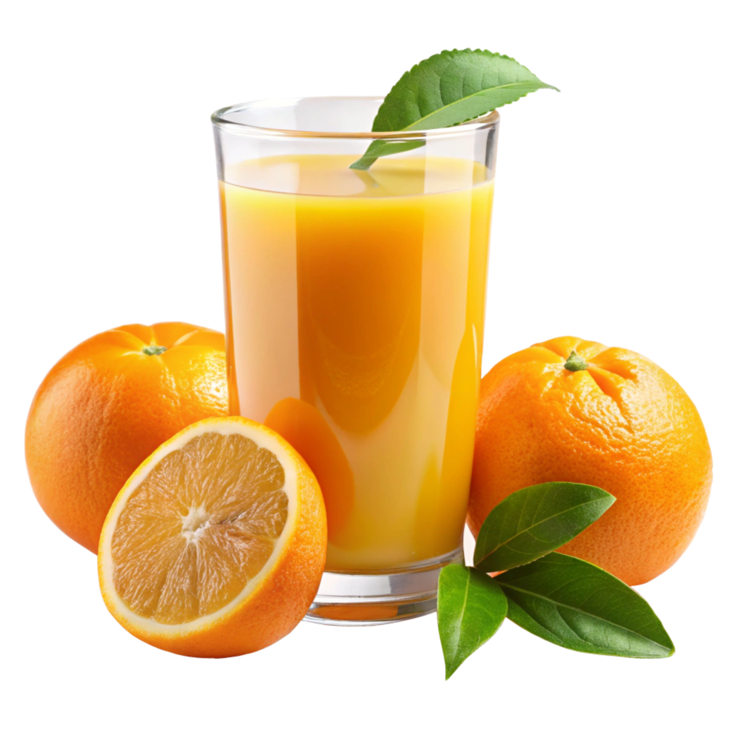 a glass of orange juice next to some oranges