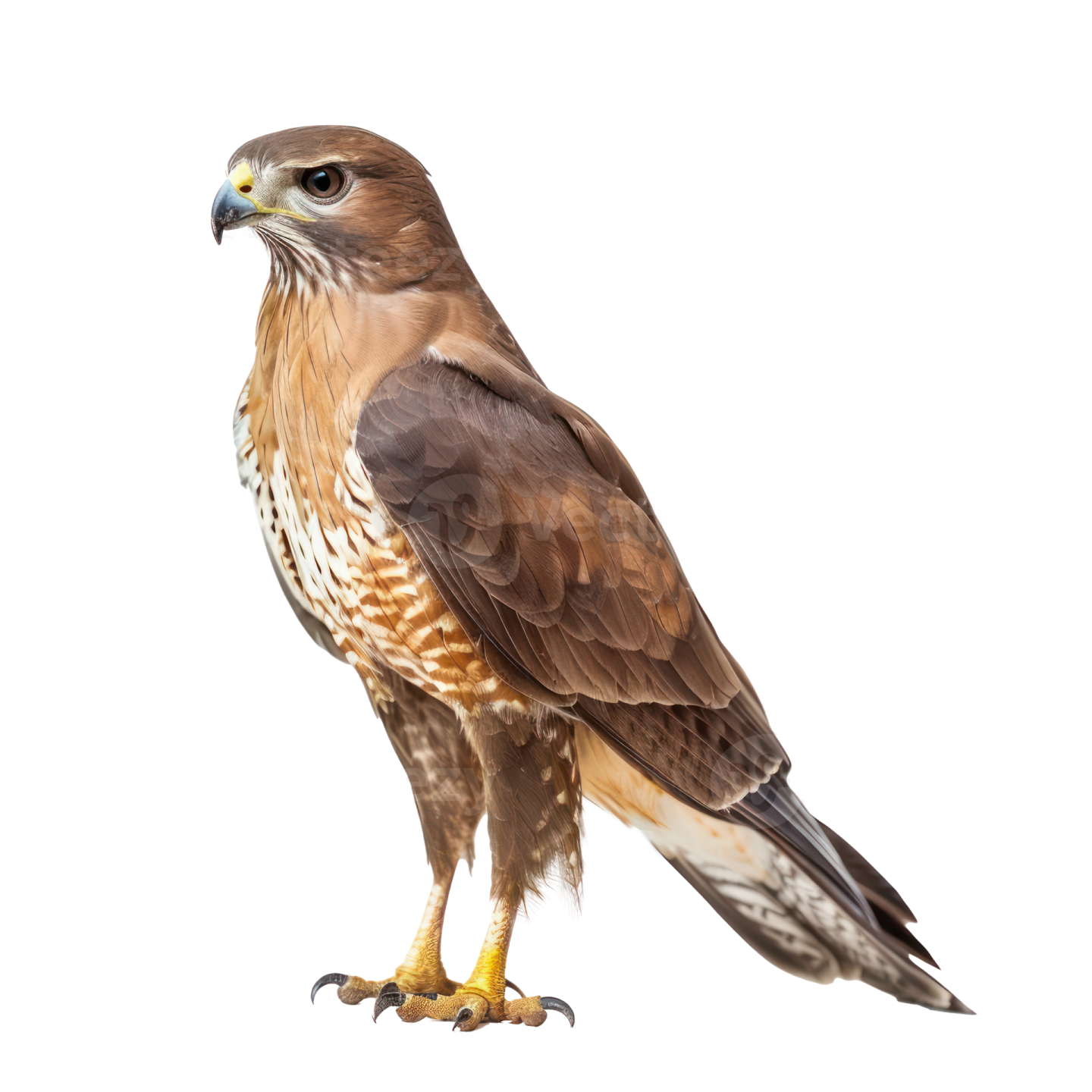 a red - tailed hawk perched on a white background