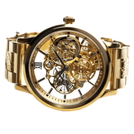 a gold watch with a black dial