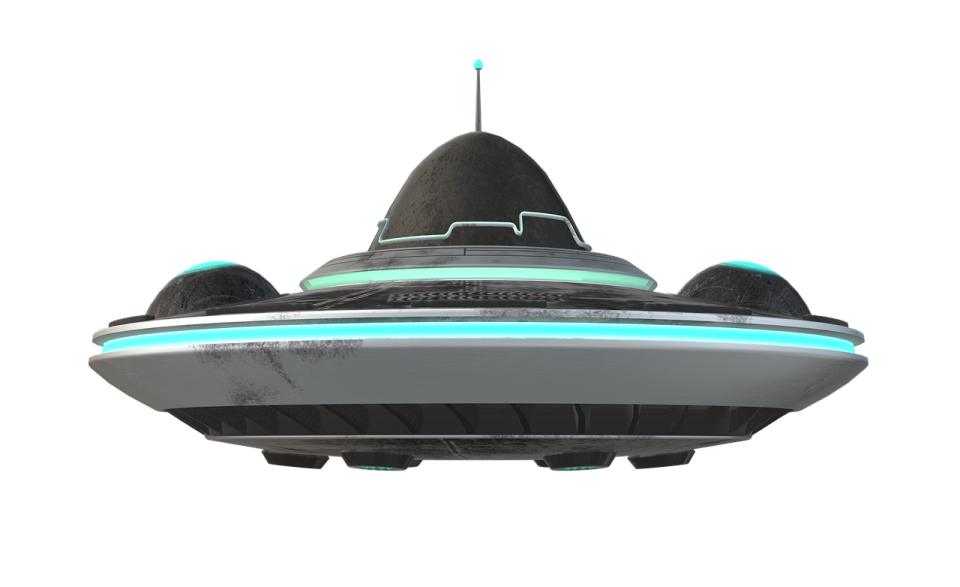 a spaceship flying over a white background