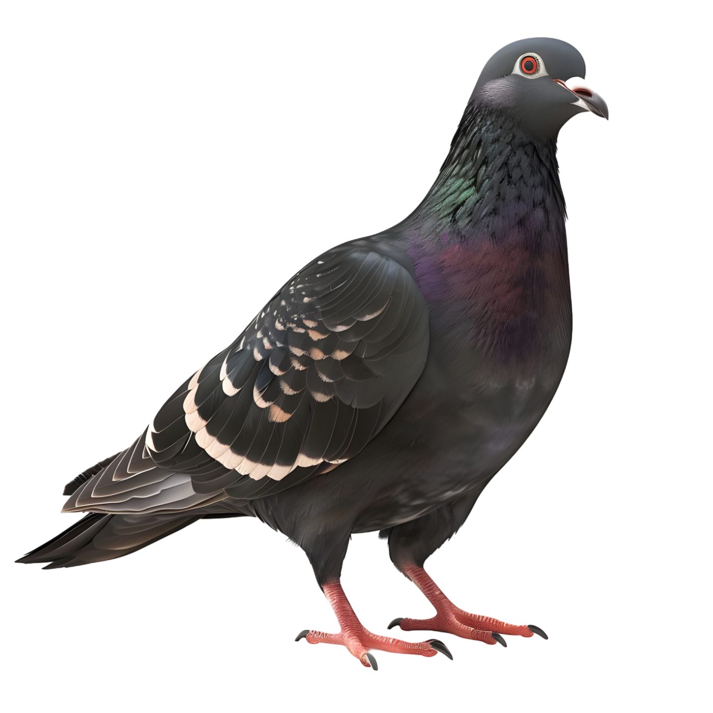 a black and white pigeon standing on a white background