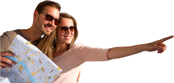 a man and woman looking at a map