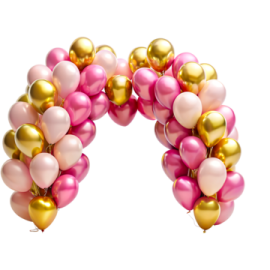 a bunch of pink and gold balloons