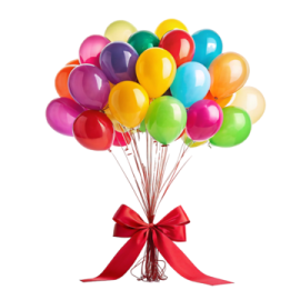 a bunch of colorful balloons with a red bow