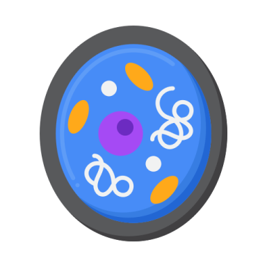 a blue button with orange and white circles on it