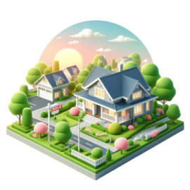 a house with trees and bushes in the background