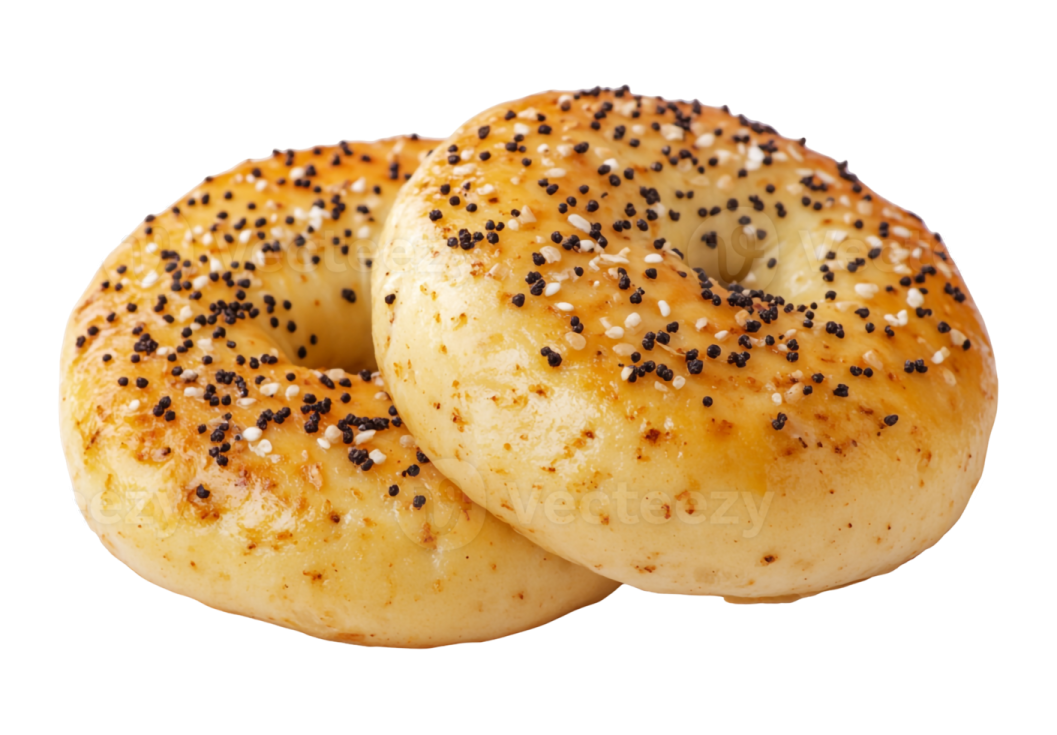 a close up of two bagels on a white background