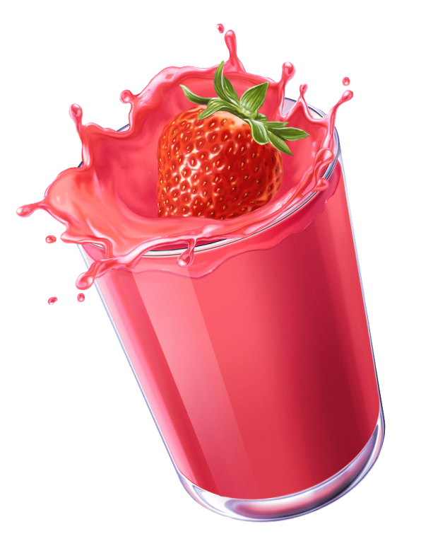 a strawberry in a glass filled with pink liquid