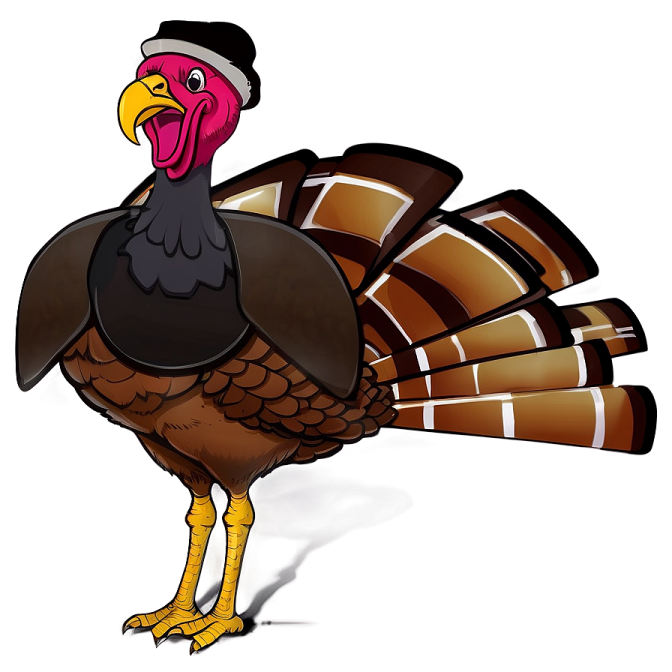 a cartoon turkey wearing a pilgrim hat