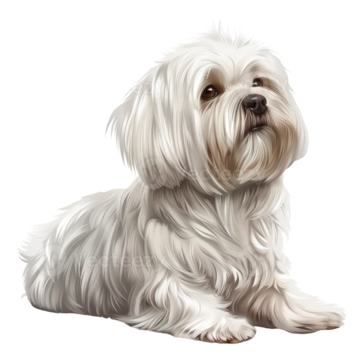 a white dog with long hair laying down