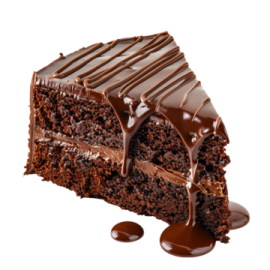 a piece of chocolate cake on a white background