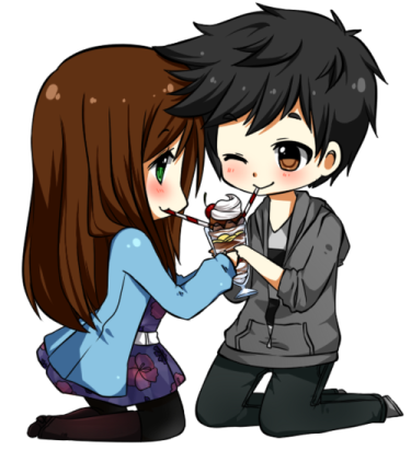a boy and girl sharing a drink together