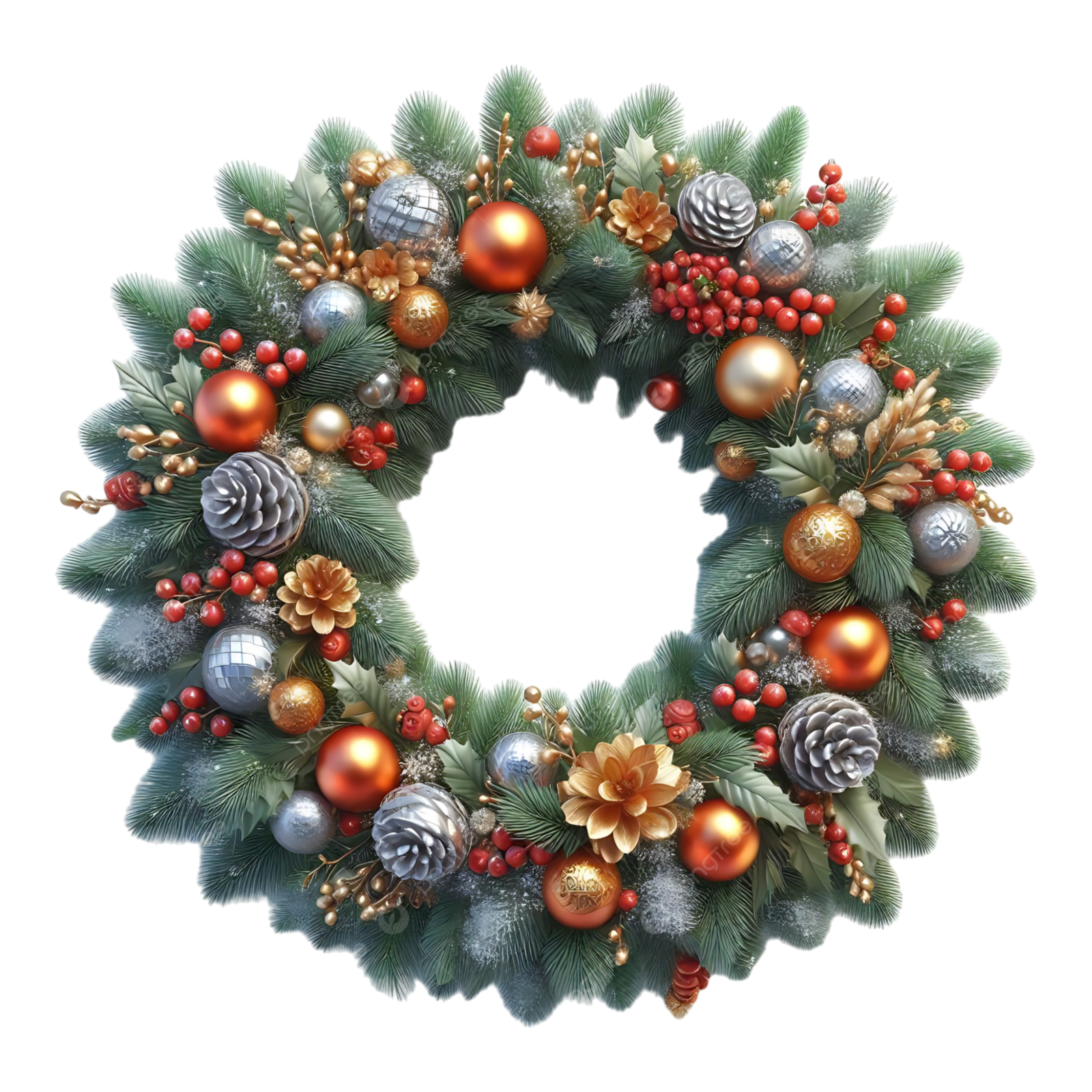 a christmas wreath with ornaments and pine cones