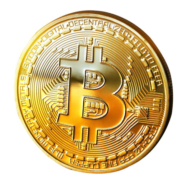 a golden bit coin on a white background
