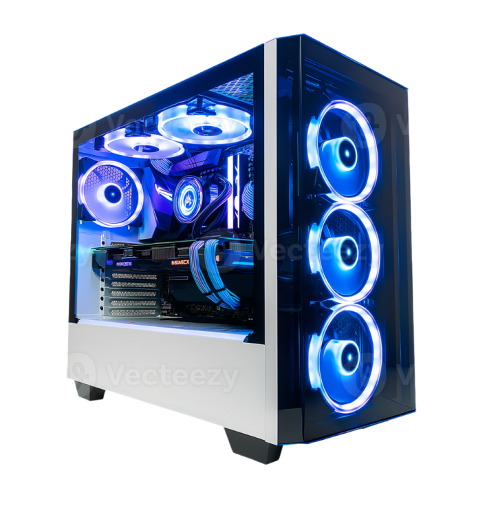 a computer case with blue lights on it