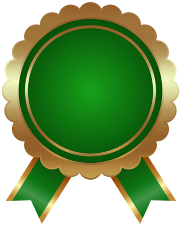 a gold medal with green ribbon