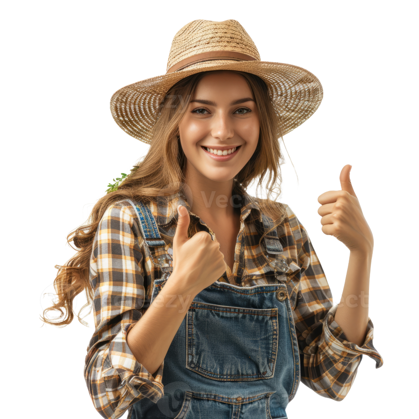 a woman in overalls and a straw hat giving a thumbs up
