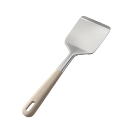a spat with wooden handle on a white background