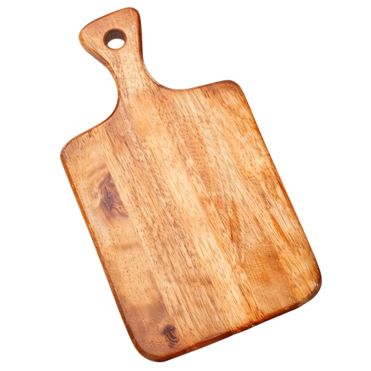 a wooden cutting board on a white background