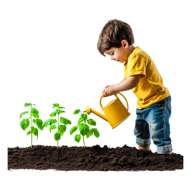 a young boy watering his plants