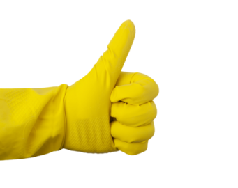 a hand in yellow rubber gloves showing the thumbs