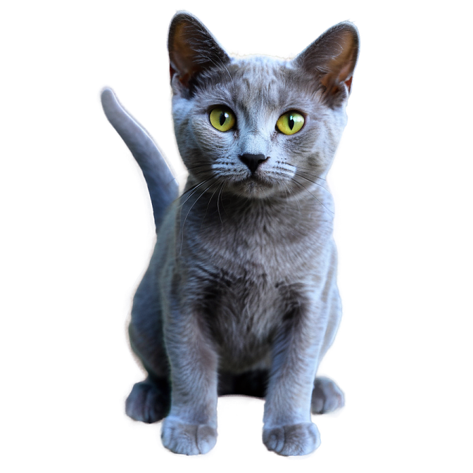 a gray cat with green eyes sitting down