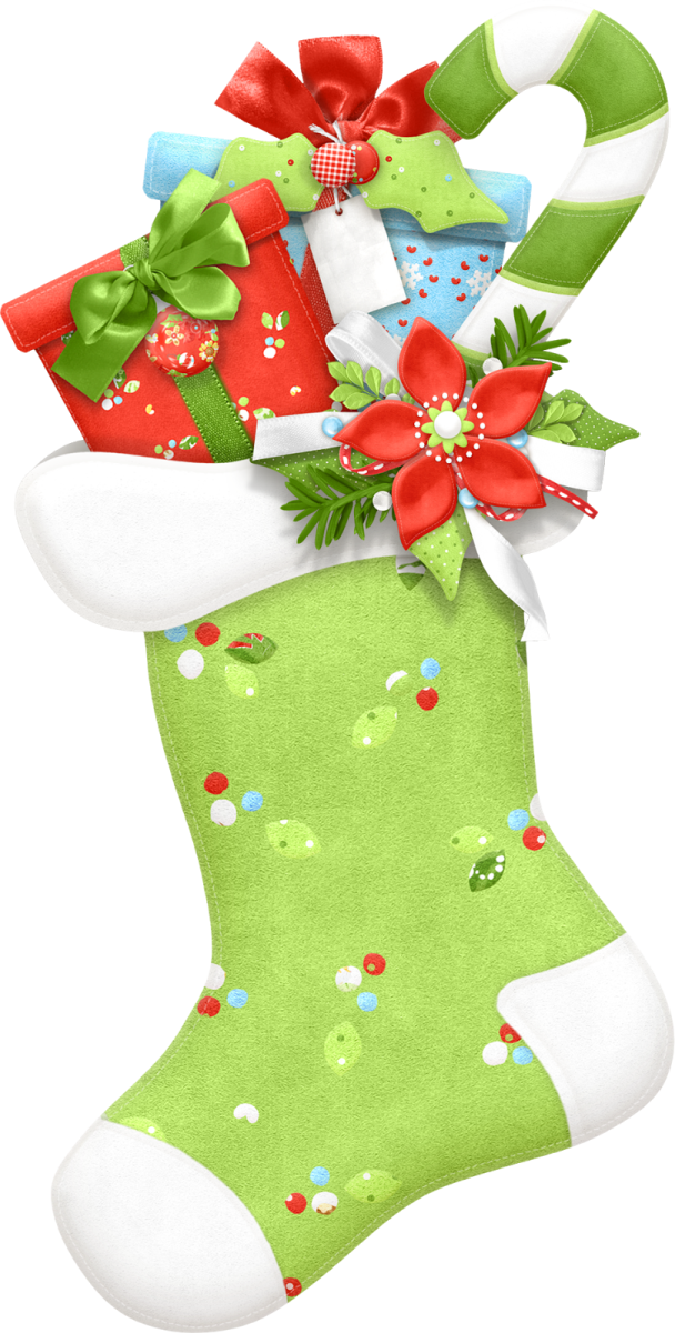 a green christmas stocking with red and white bows