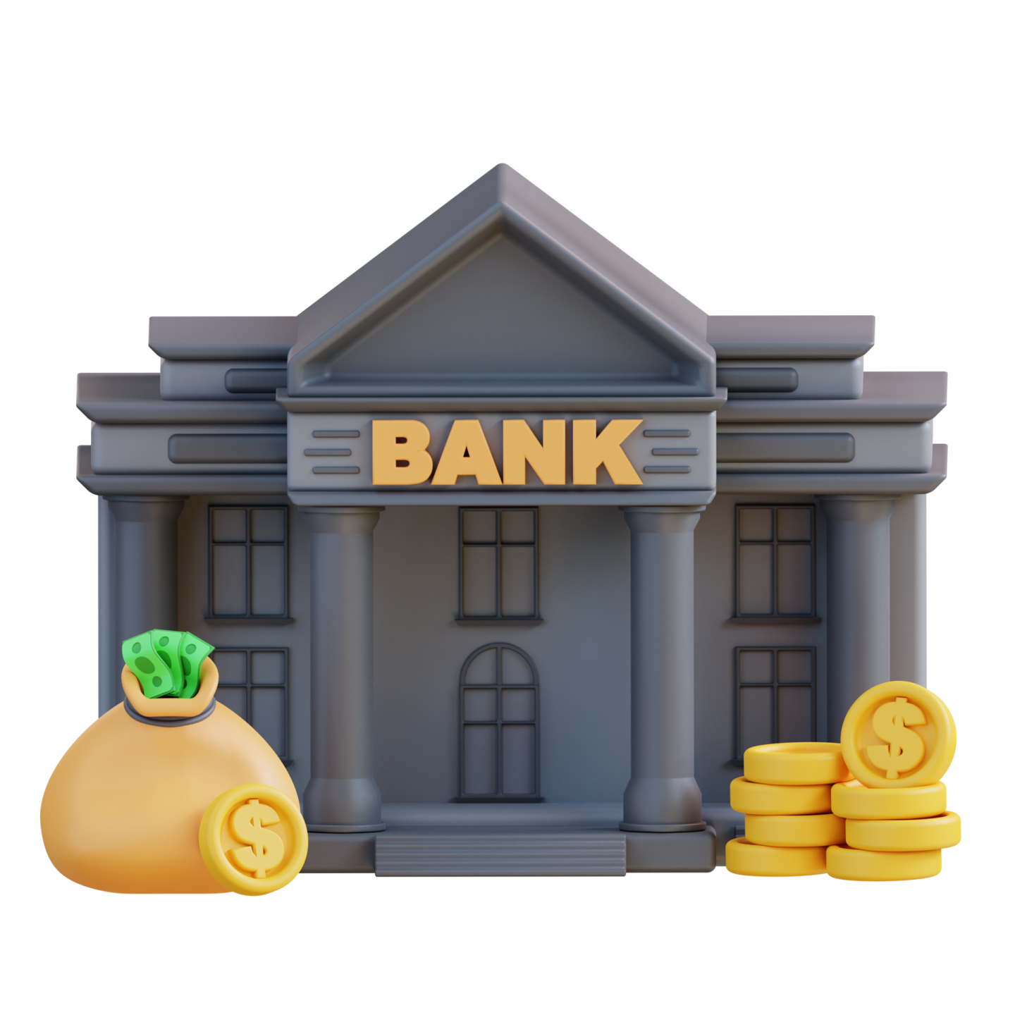 a bank building with coins in front of it