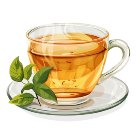 a cup of tea with green leaves