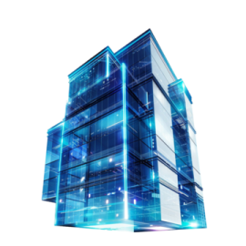 a glass building with blue lights on it