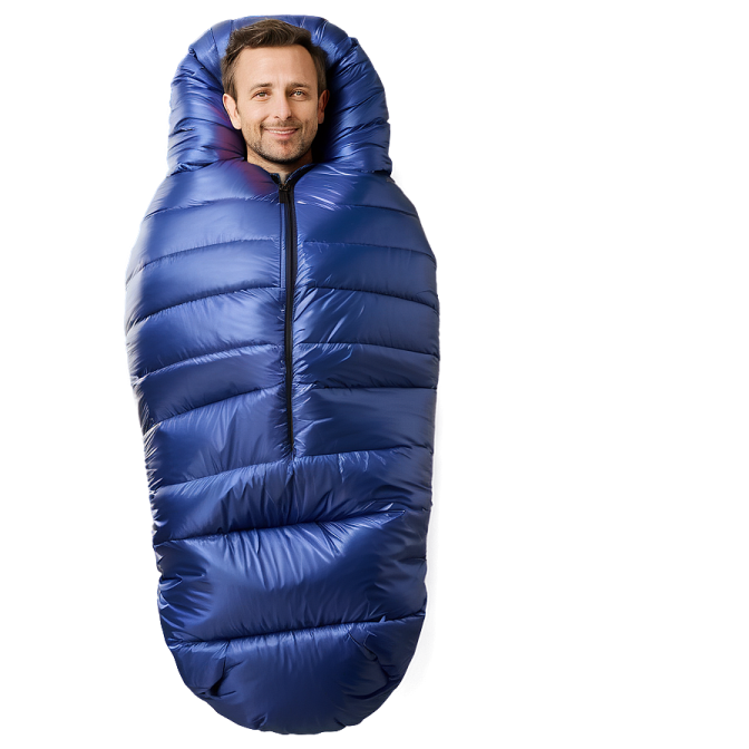 a man in a blue sleeping bag