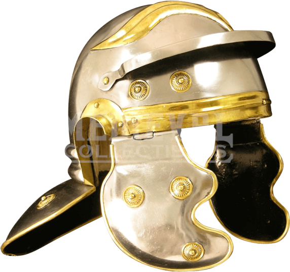 a silver and gold helmet on a white background