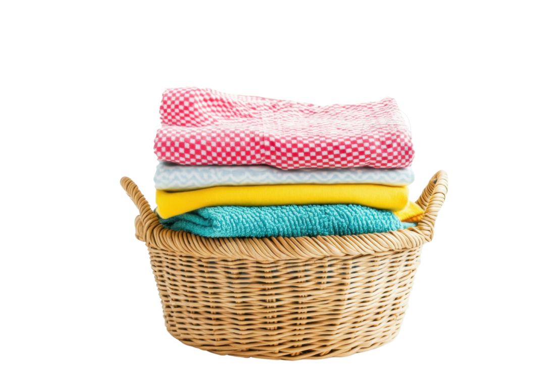 a basket filled with towels on a white background