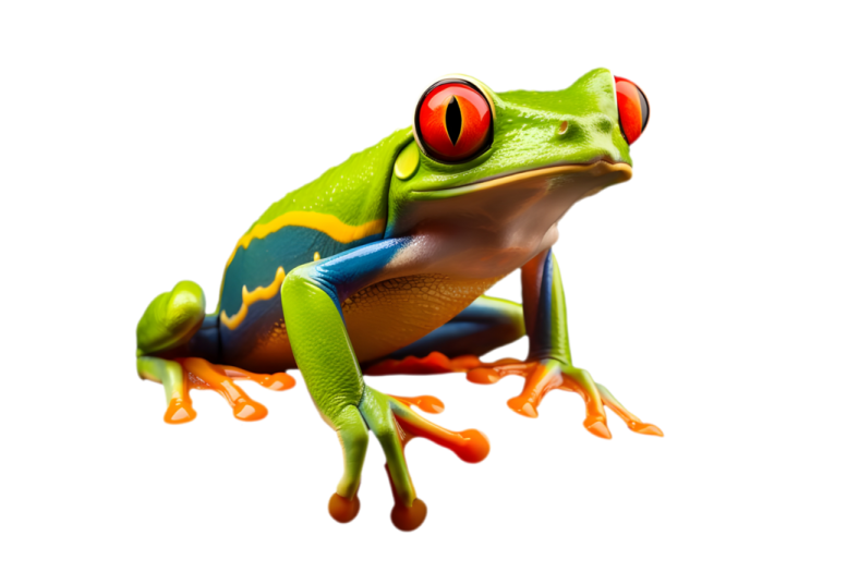 a frog with red eyes sitting on a white surface